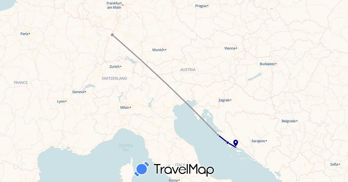 TravelMap itinerary: driving, plane in Germany, Croatia (Europe)